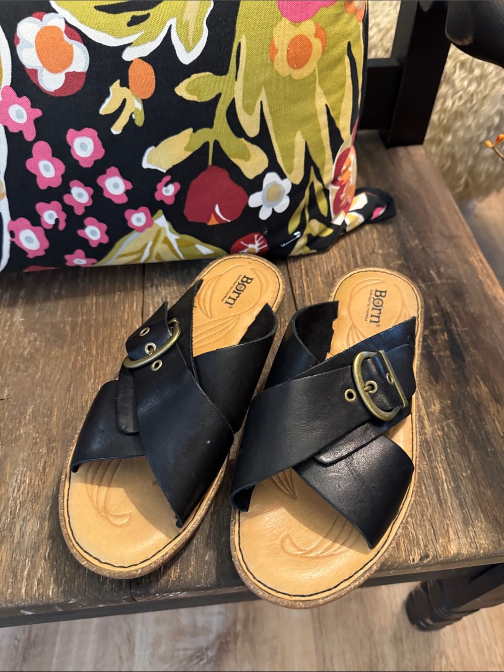 Born Black Leather Crisscross Buckle Slide Mules